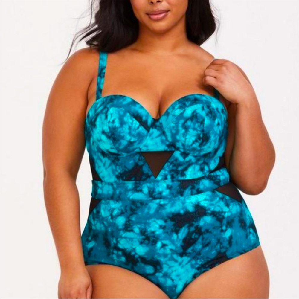 Torrid Plus Size 0 (12) F Cup Teal Black Underwire Mesh Inset One Piece Swimsuit